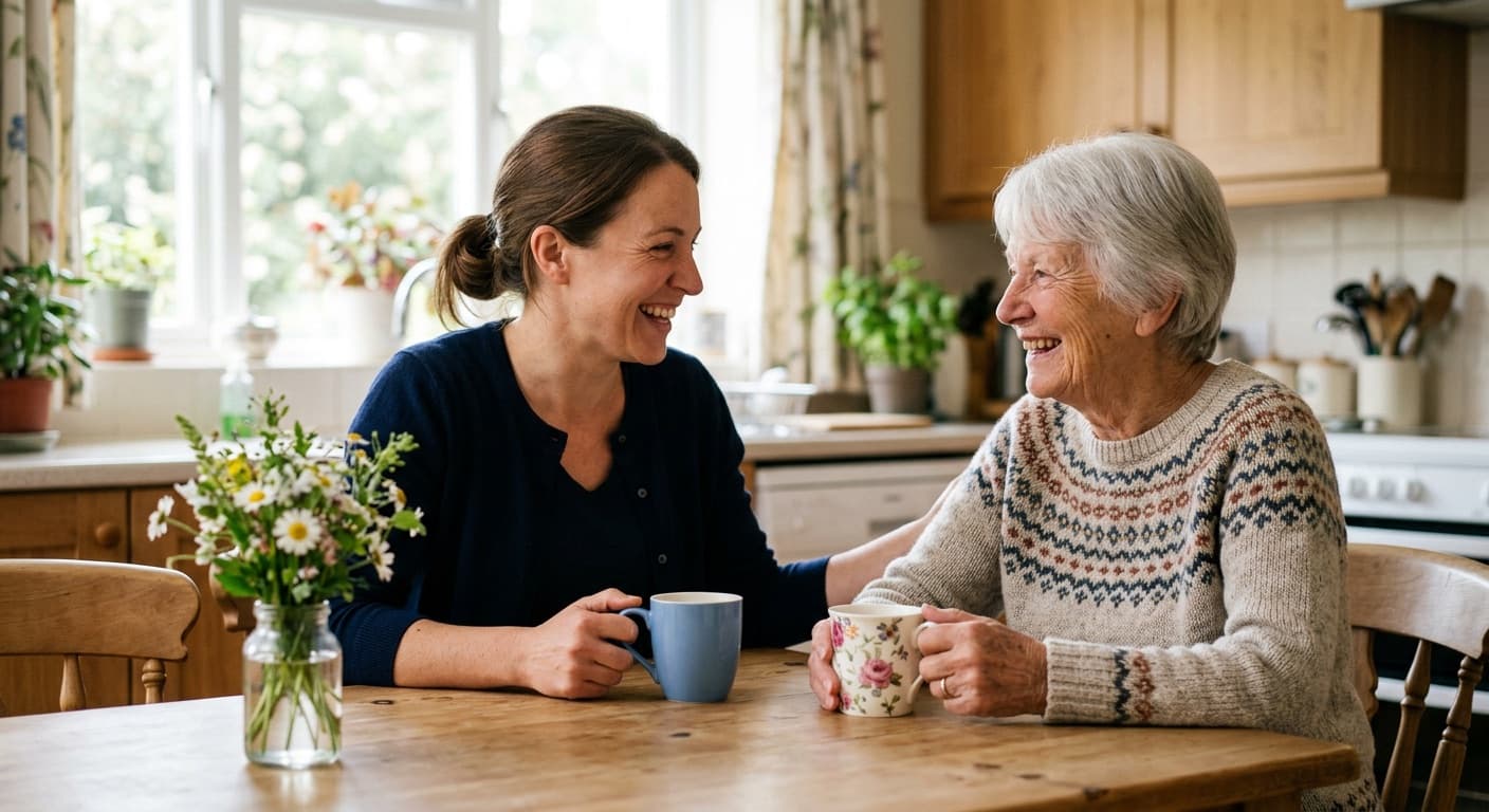 A caregiver and an older woman laughing together over mugs of tea at a sunlit kitchen table